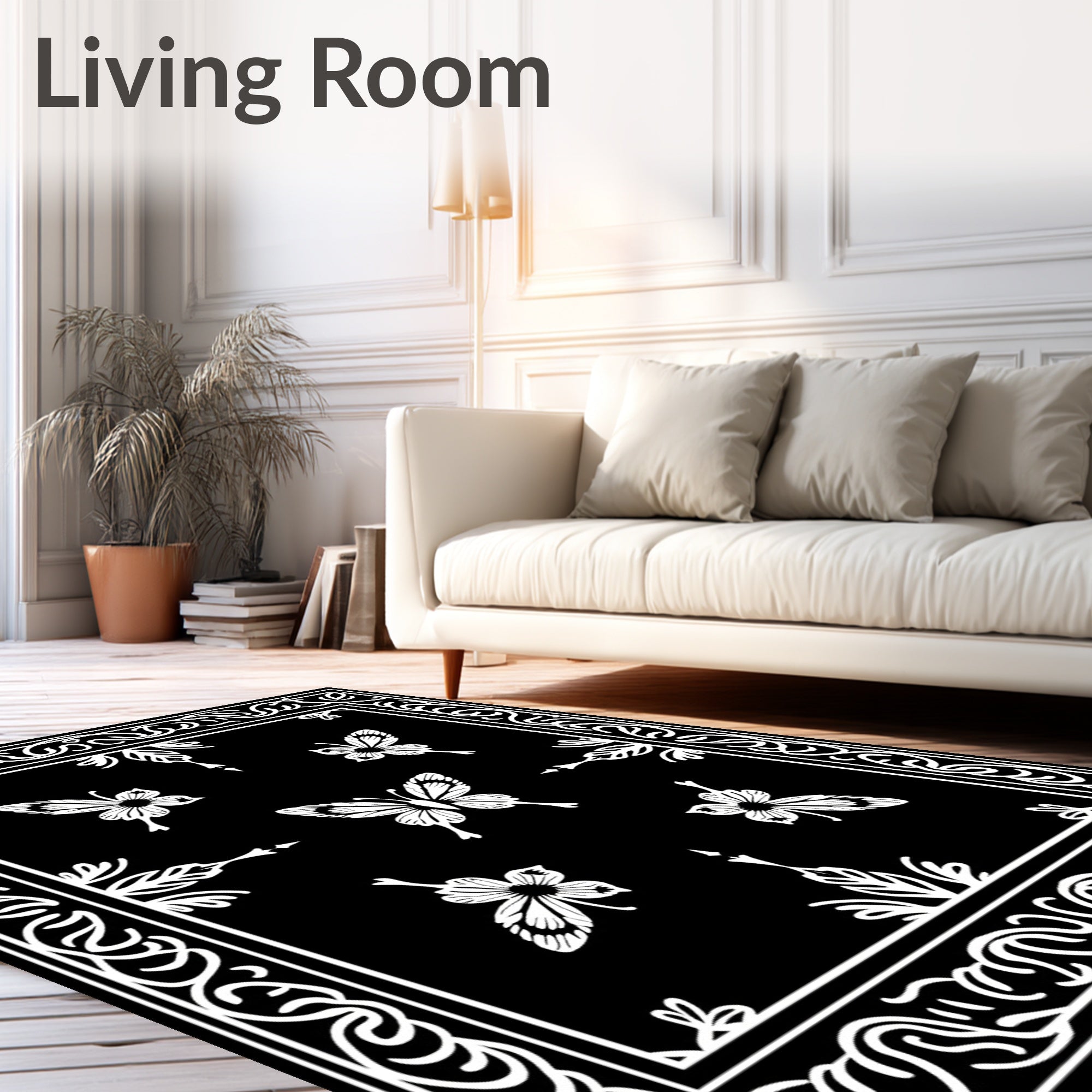 Elegant Black White Butterfly Pattern Rug