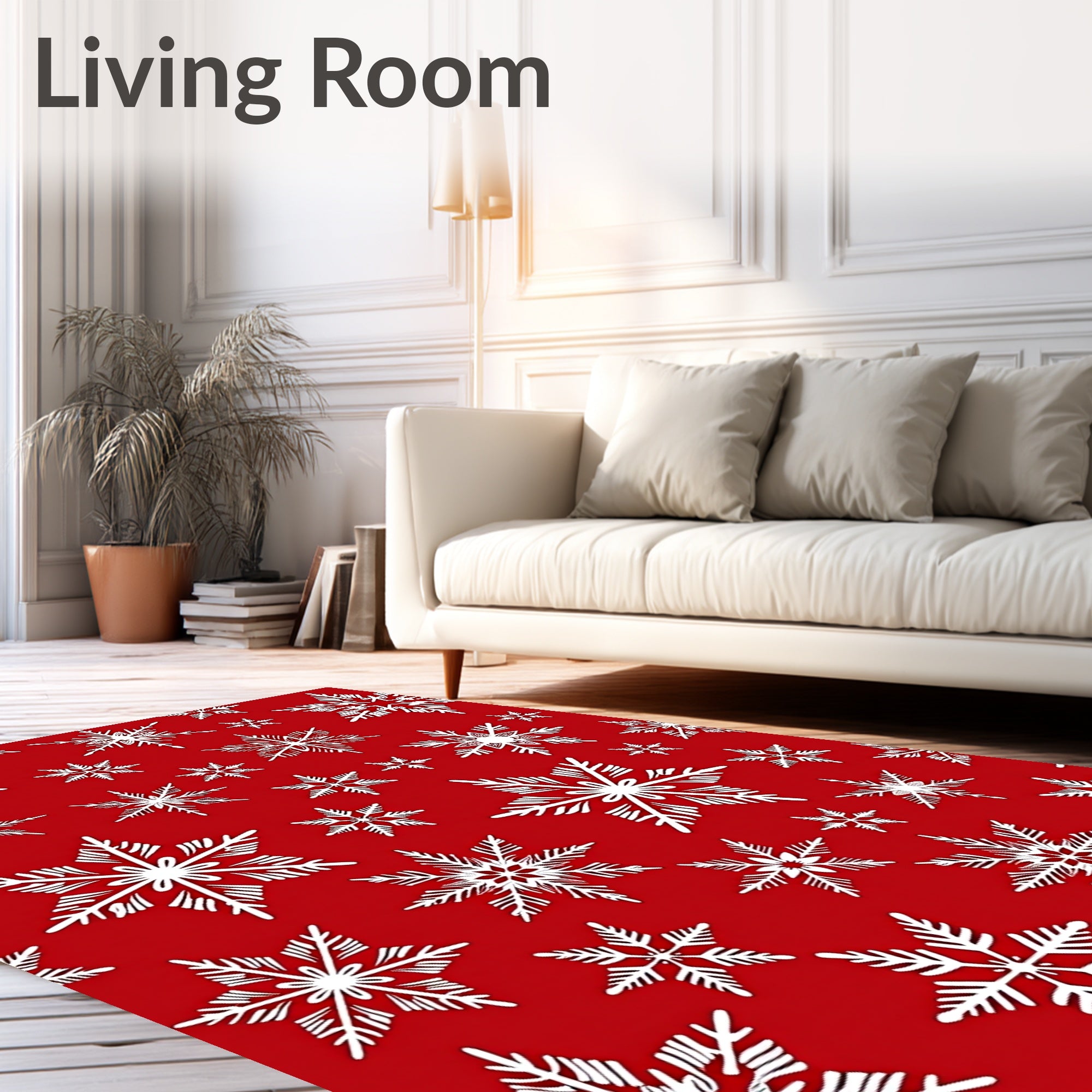 White Snowflake Patterned Red Rug