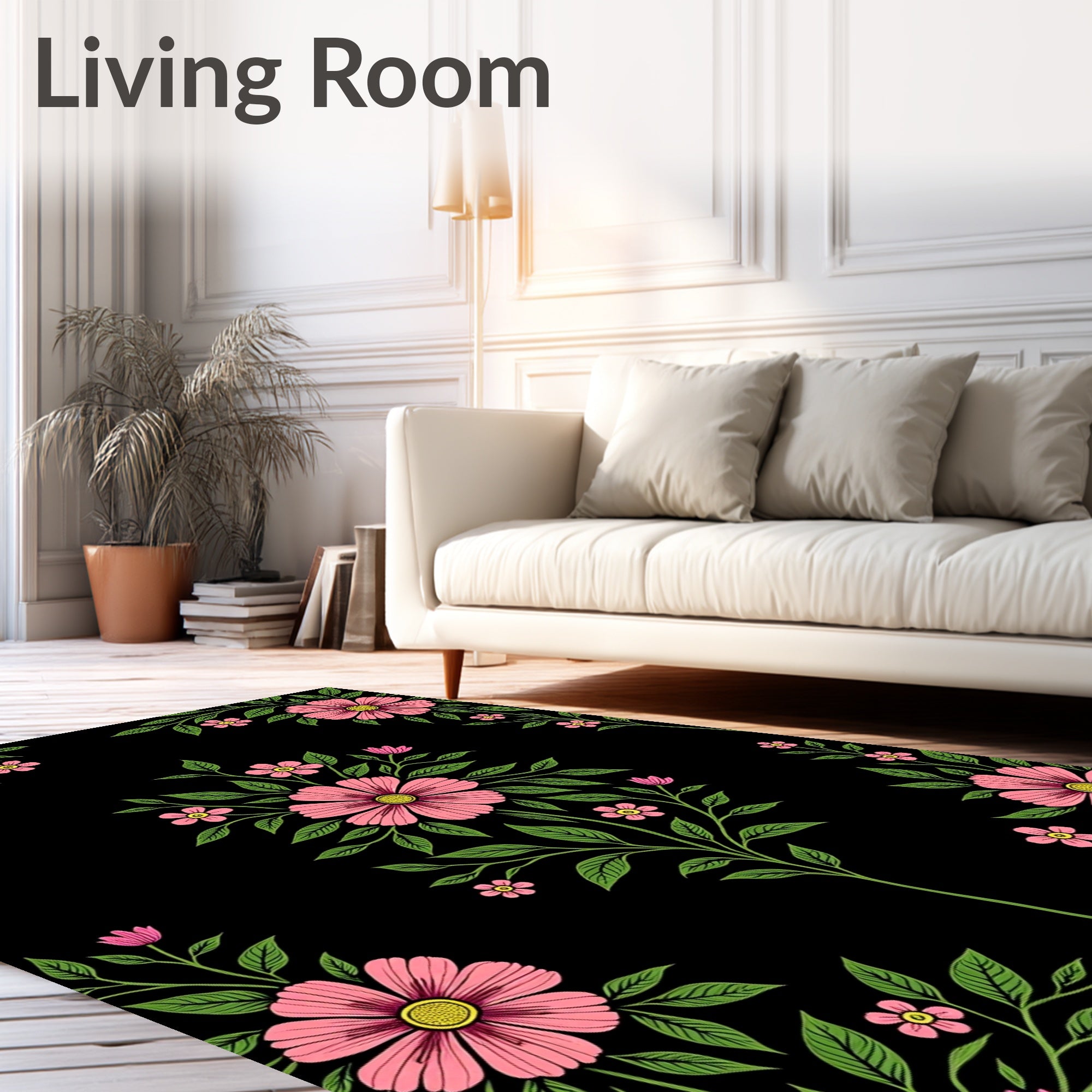 Pink Floral Vines On Black Design Rug