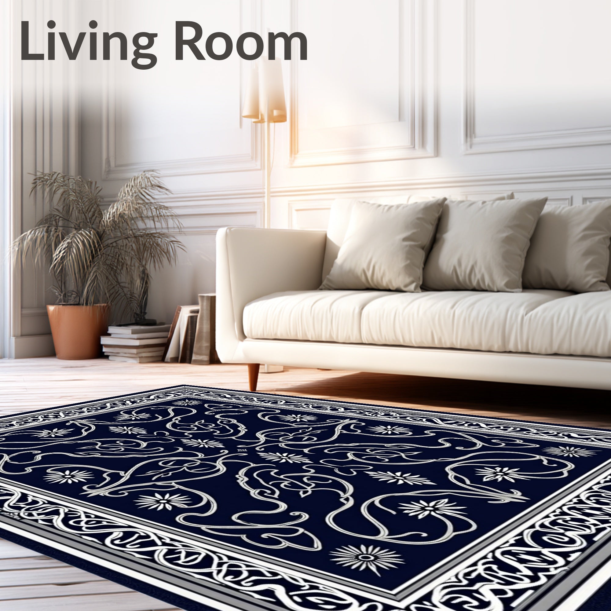 Classic White Floral Bordered Rug