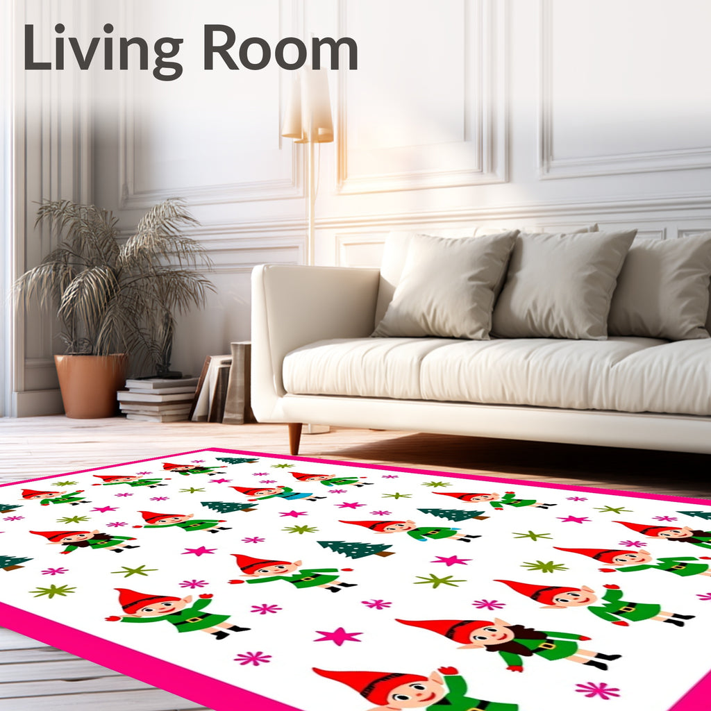 Festive Elves And Pine Trees Illustration Rug