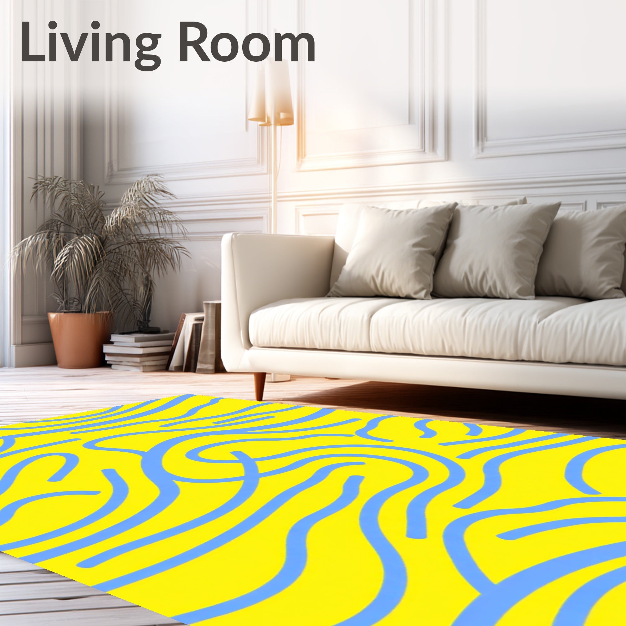 Vibrant Yellow And Blue Wavy Pattern Rug