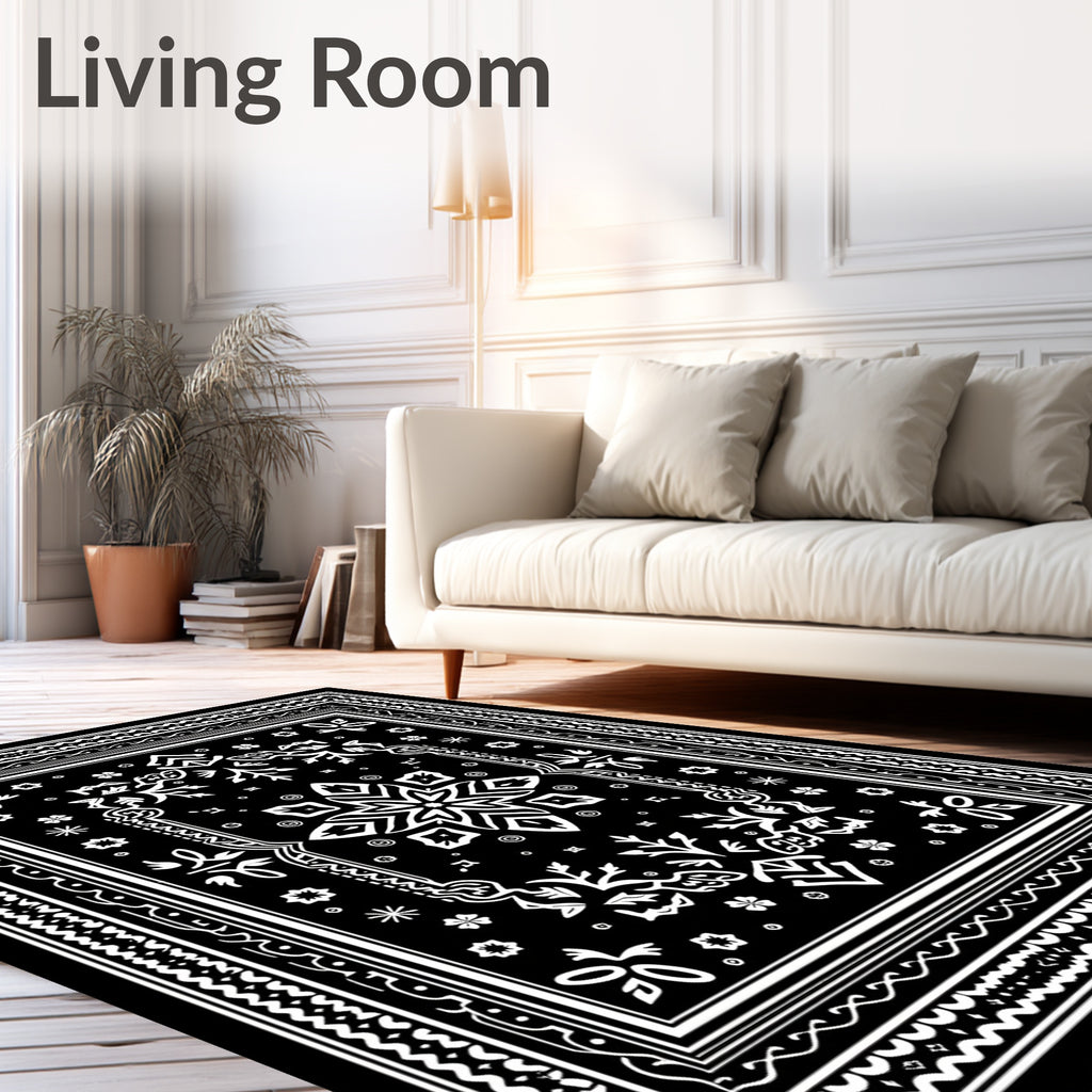 Black White Abstract Floral Mandala Rug