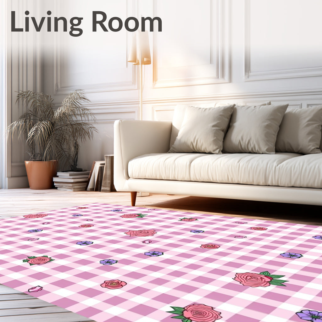 Pink Rose Gingham Pattern Rug