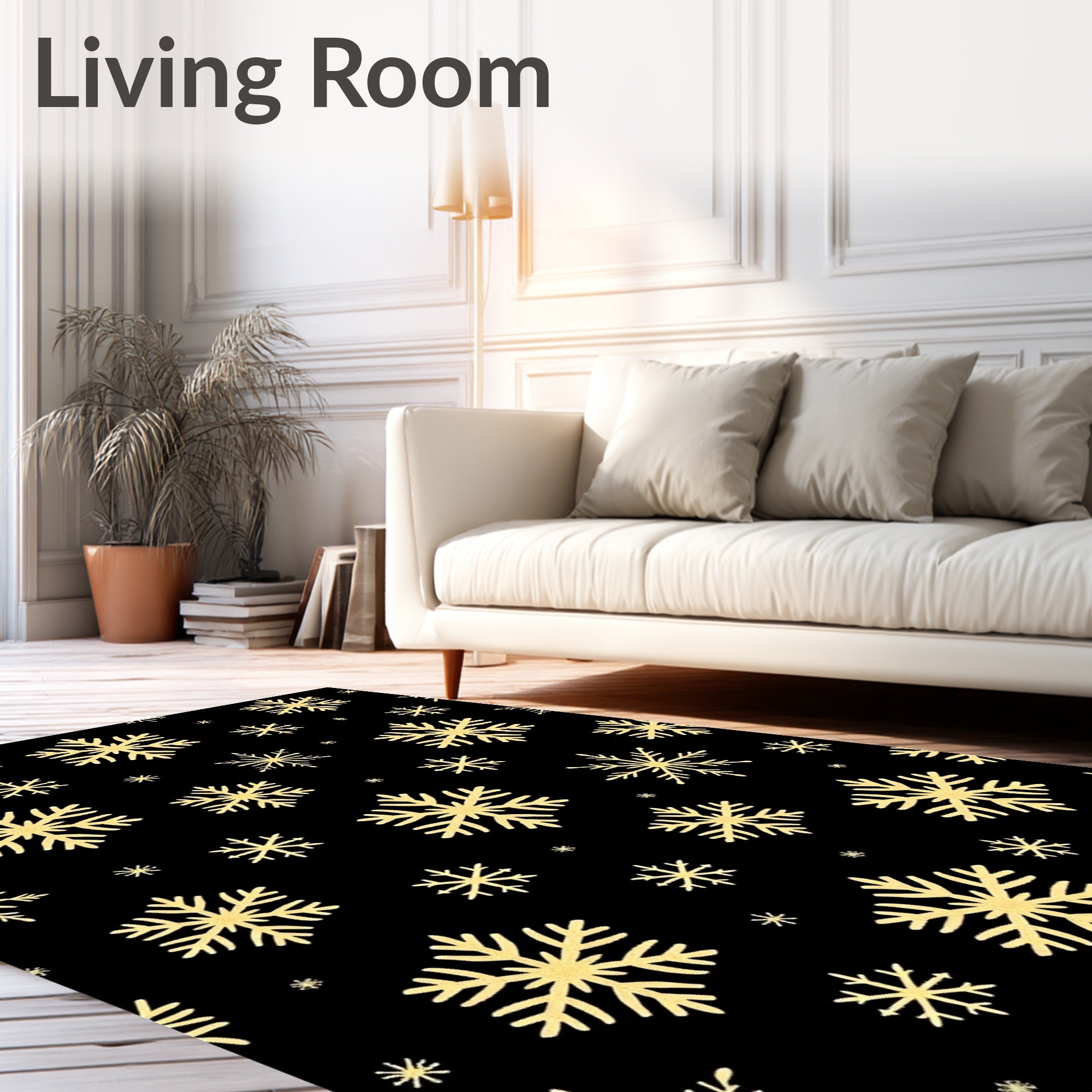 Golden Snowflakes Black Background Rug