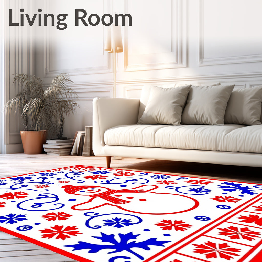 Red Blue Snowman Snowflake Border Rug