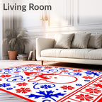 Red Blue Snowman Snowflake Border Rug