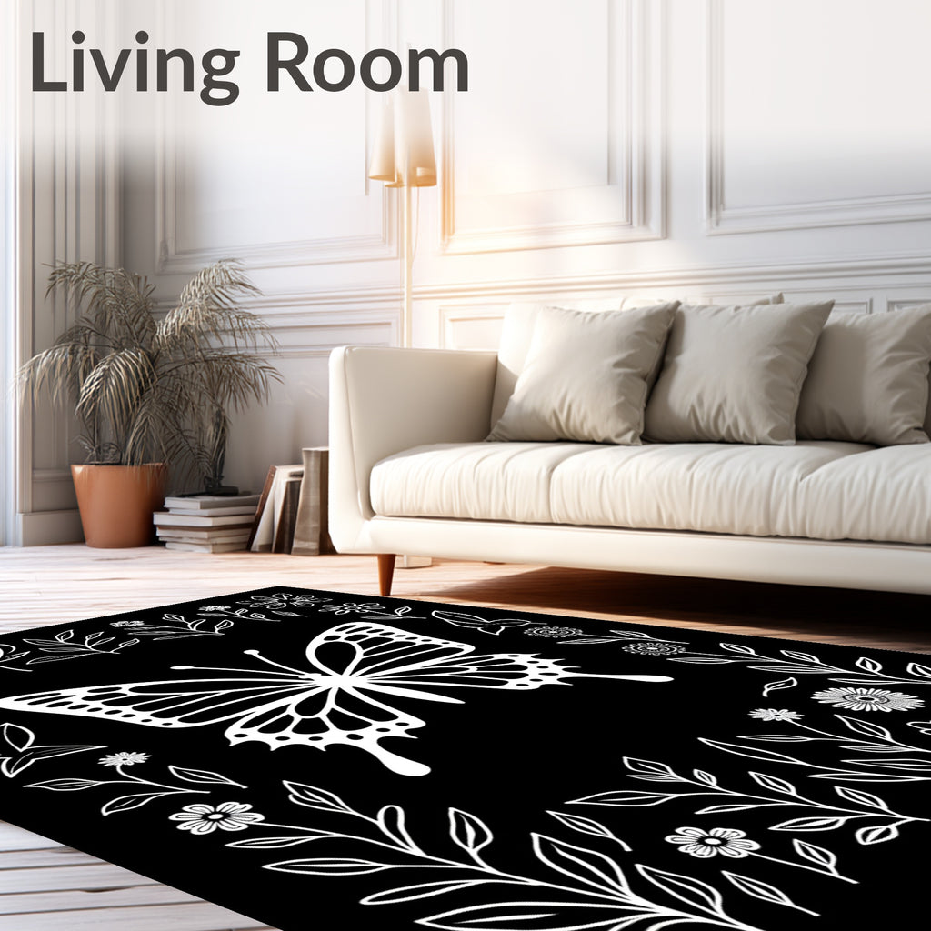 White Butterfly Floral Border Rug
