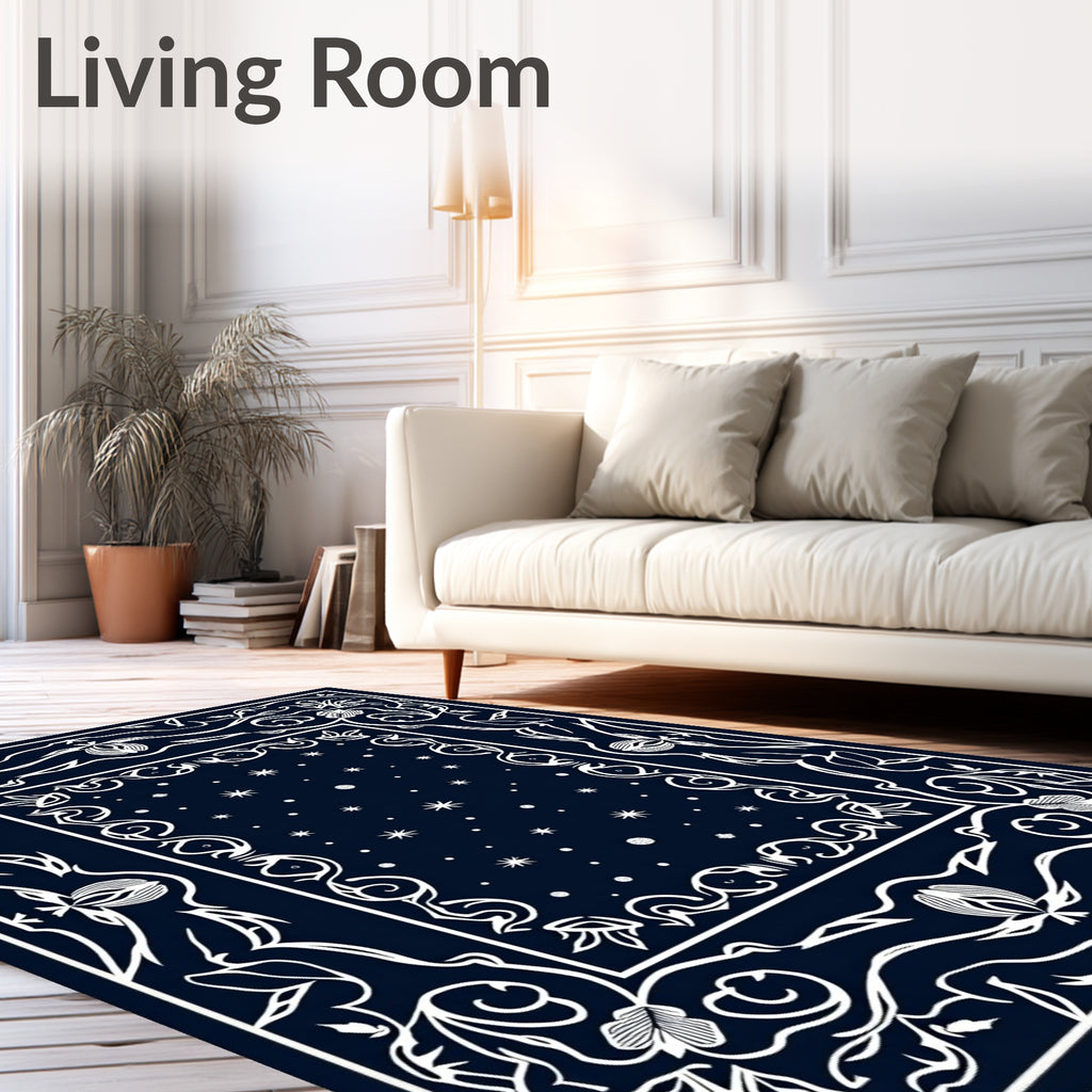 Midnight Floral Scrolled Star Pattern Rug