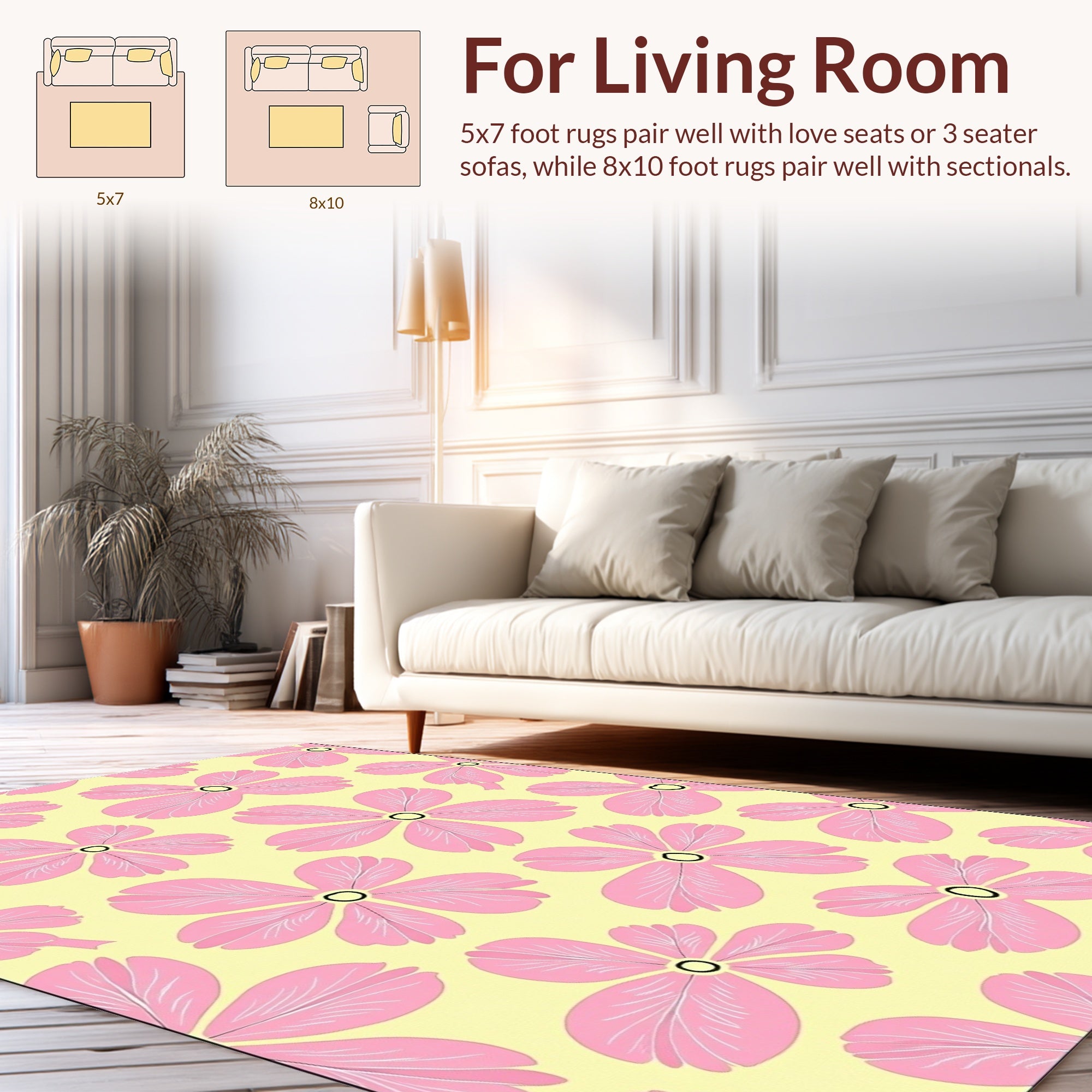 Pink Floral Pattern on Yellow Background Rug