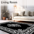 Black White Elaborate Scroll Pattern Rug
