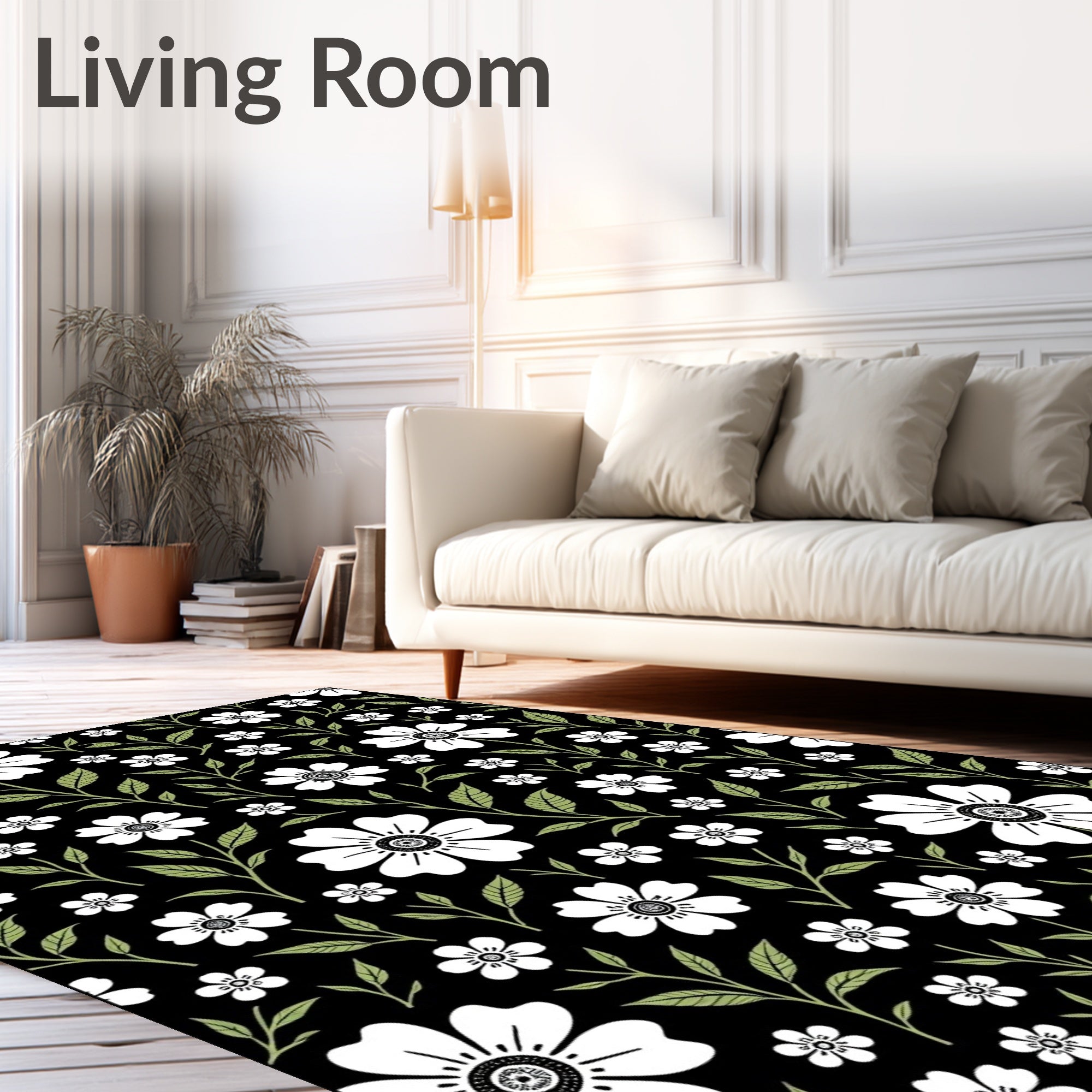 Classic White Floral Green Leaves Design Rug