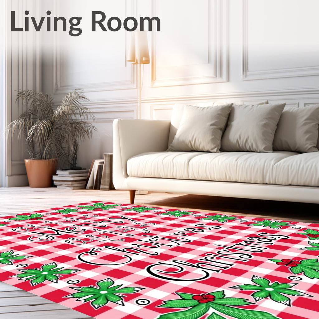 Red Gingham Festive Foliage Pattern Rug