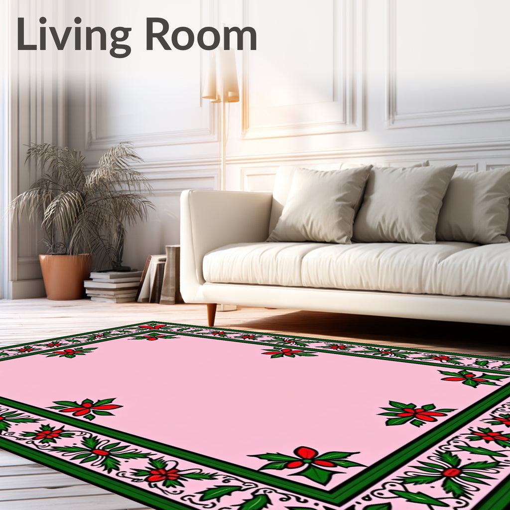 Pink Floral Leaf Border Design Rug