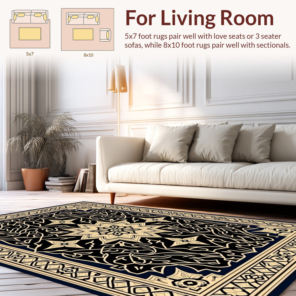 Elaborate Black Gold Floral Medallion Design Rug