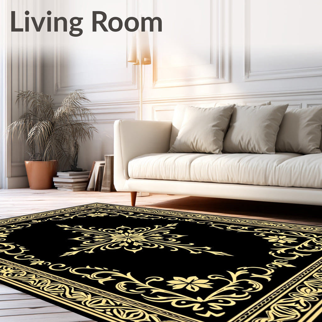 Elegant Gold Floral Scroll Border Rug