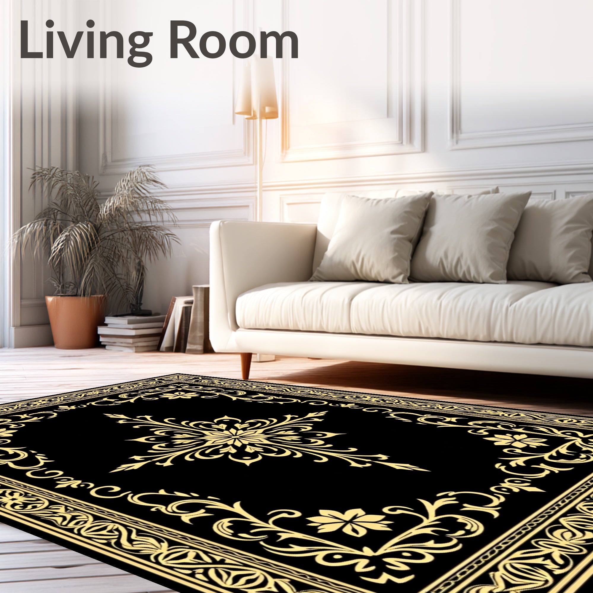 Elegant Gold Floral Scroll Border Rug
