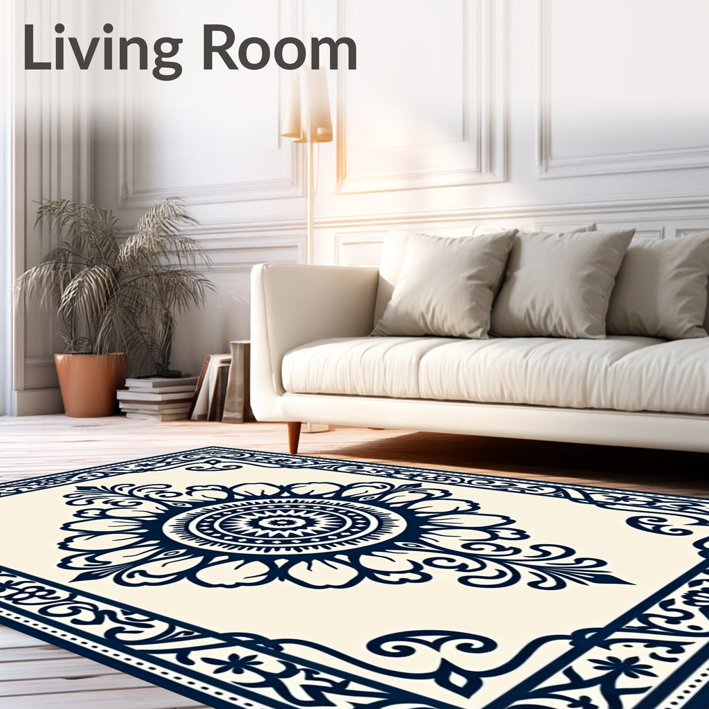 Classic Dark Navy Intricate Floral Design Rug