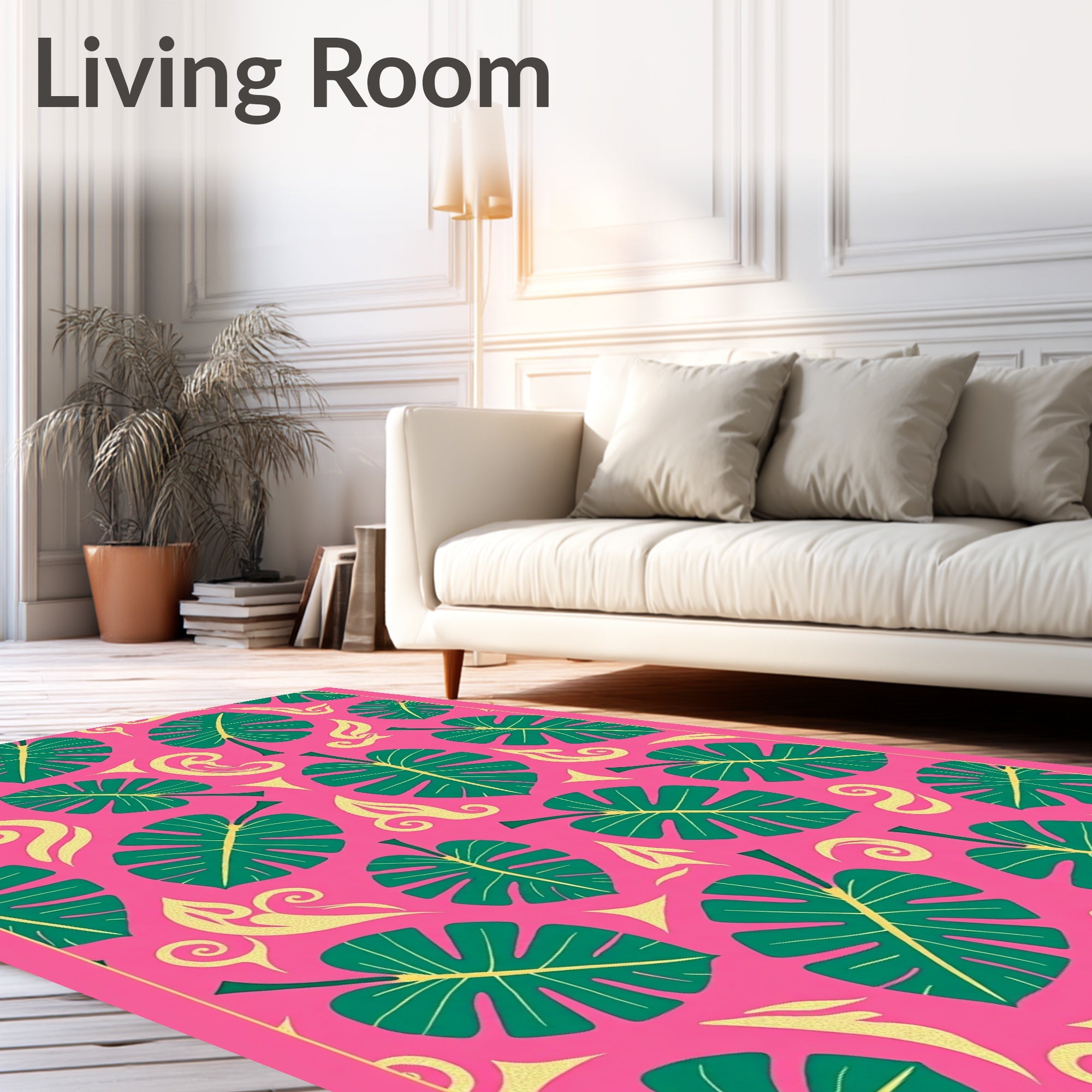 Lush Green Monstera Garden Pink Rug