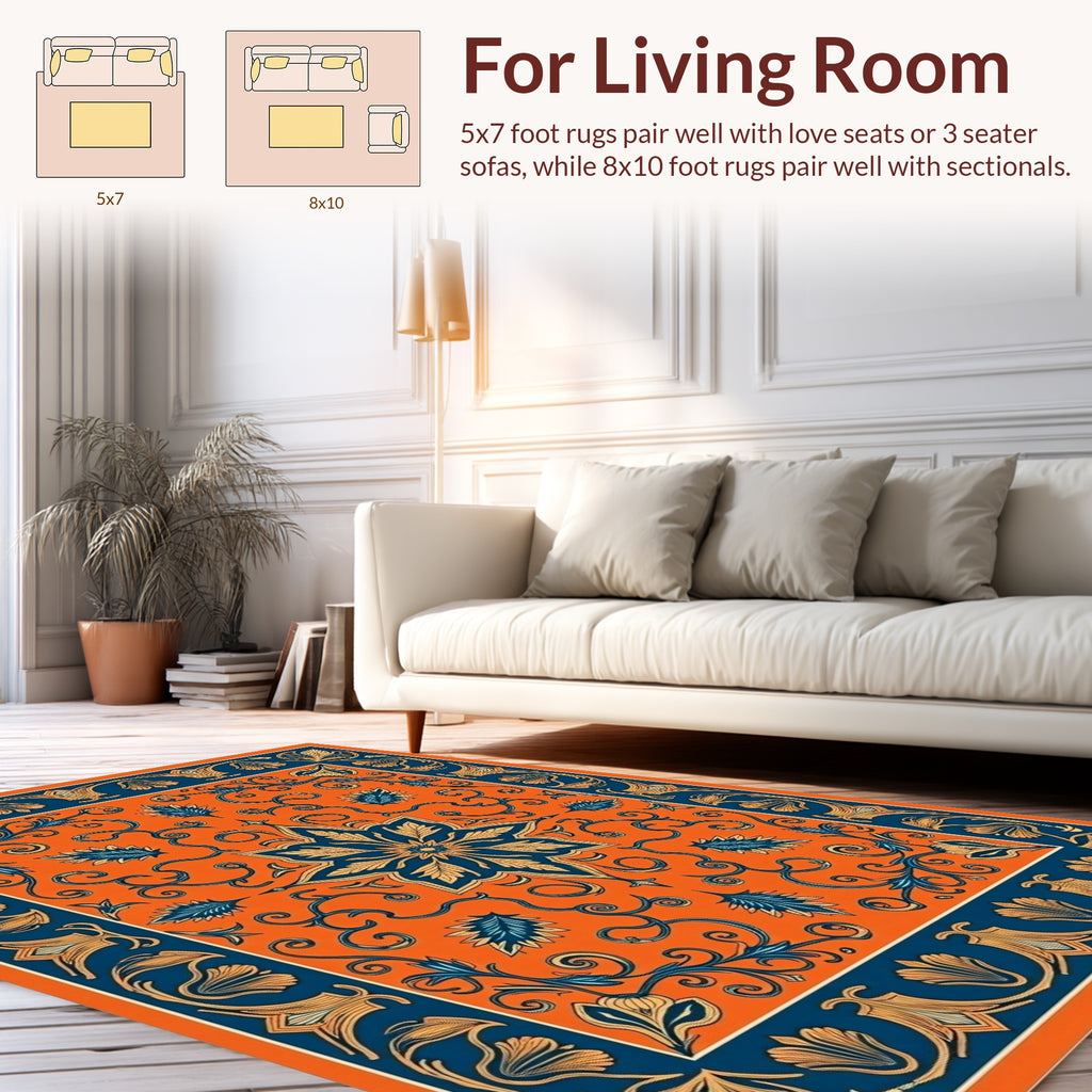 Orange Blue Floral Medallion Pattern Rug