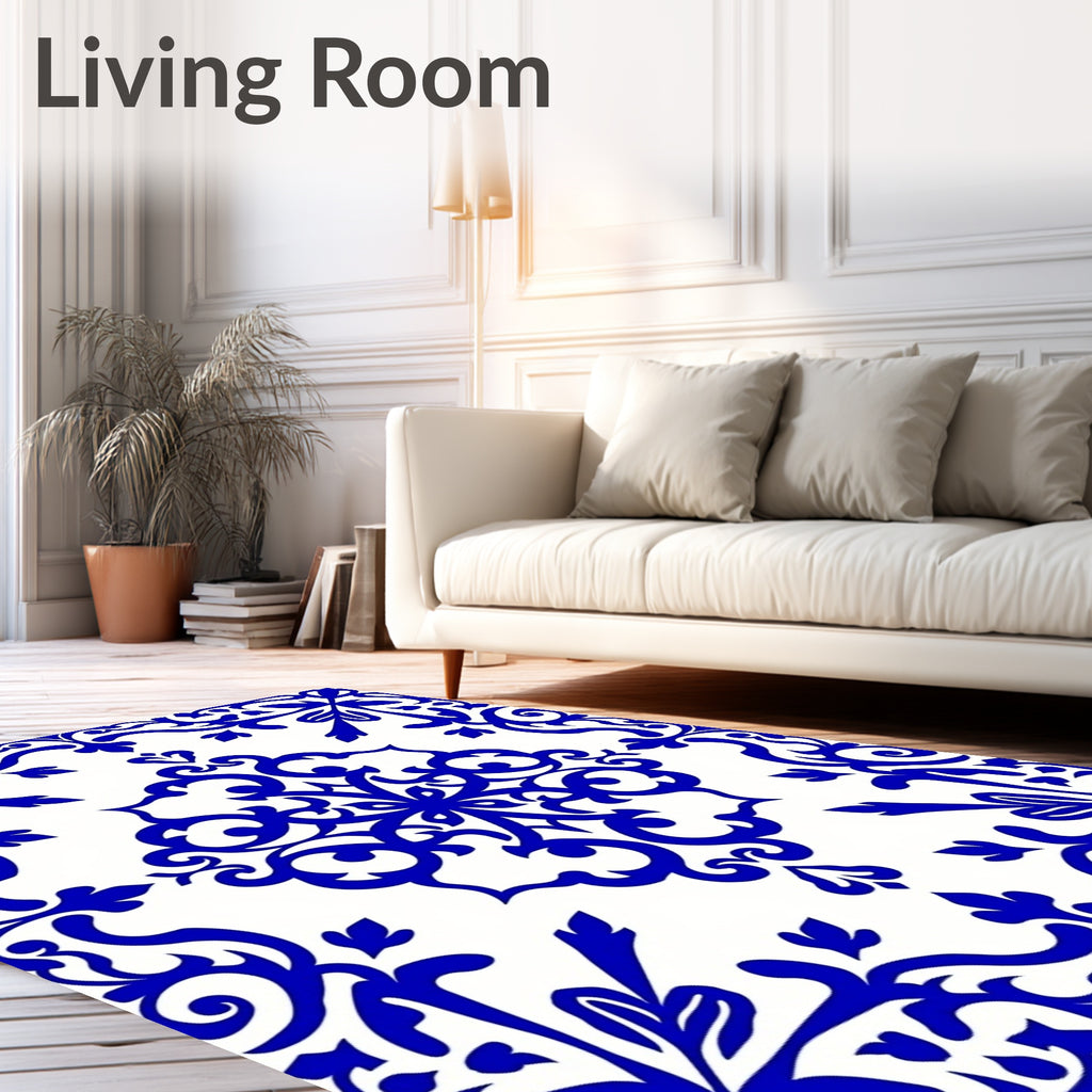 Elegant Blue Swirl Floral Ornament Rug