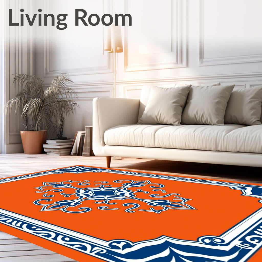 Vibrant Orange Navy Floral Medallion Rug