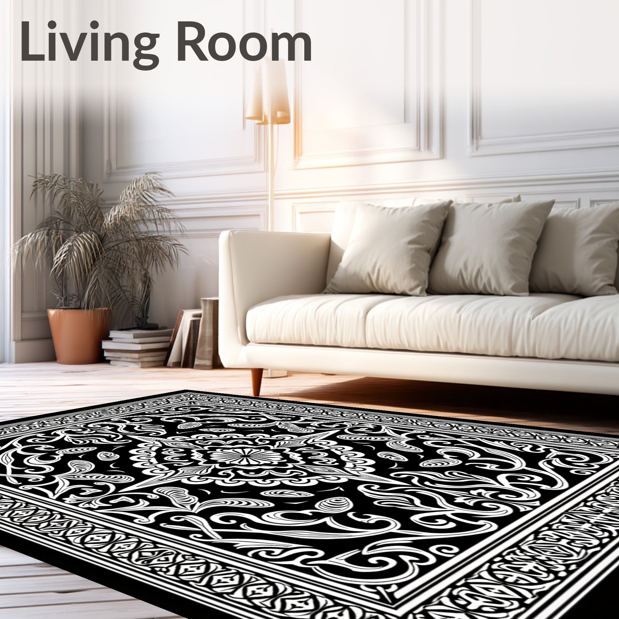 Black and White Intricate Floral Pattern Rug