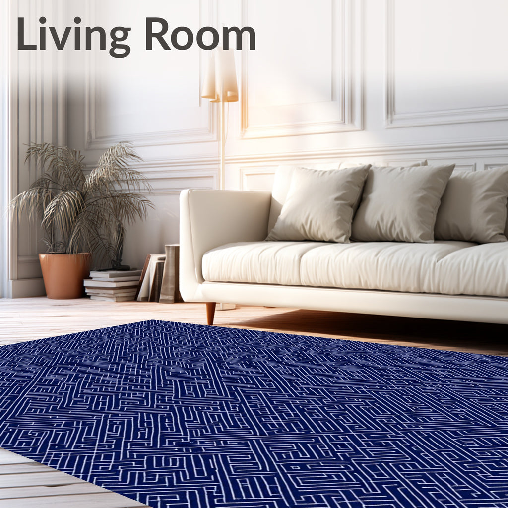 Abstract Navy White Geometric Maze Rug