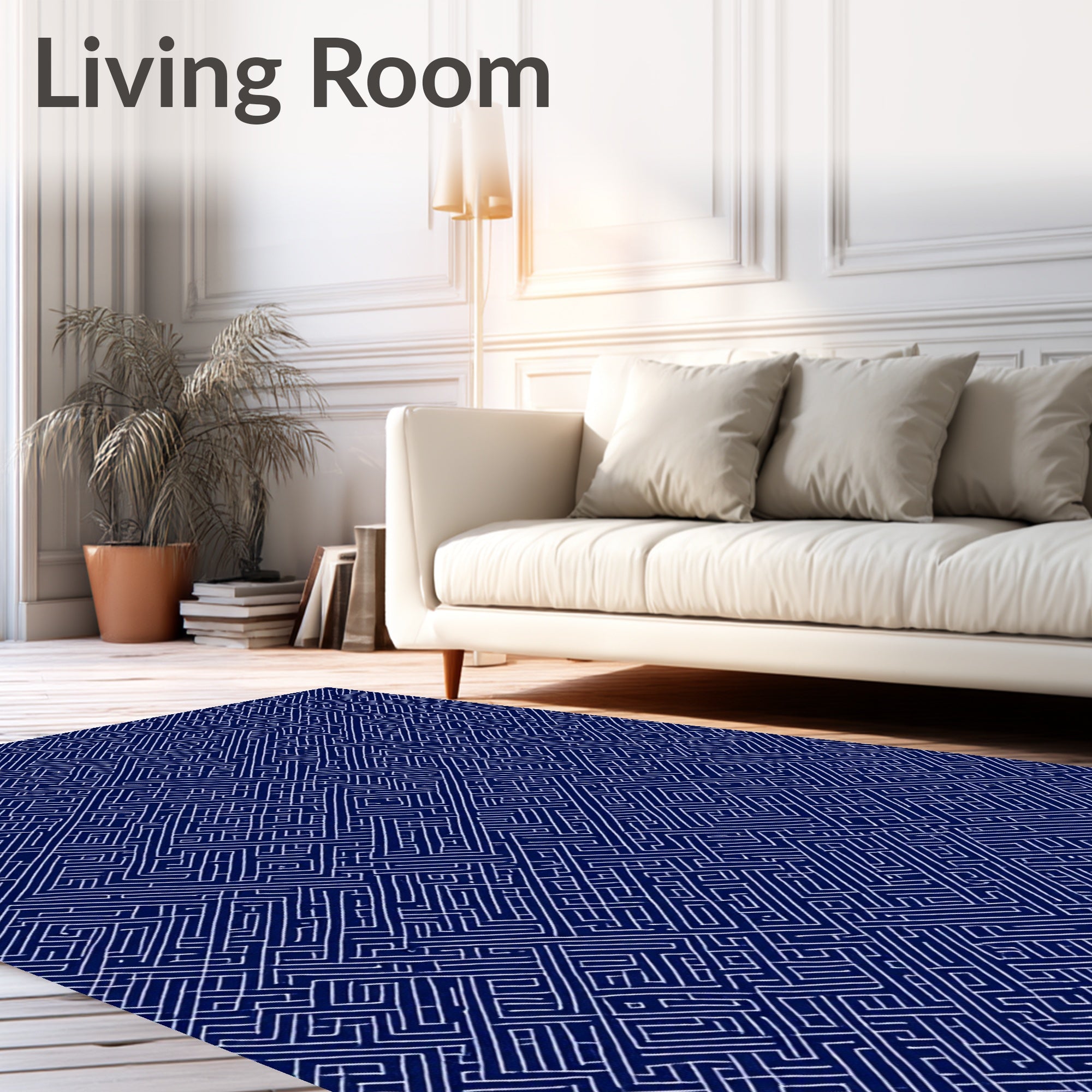 Abstract Navy White Geometric Maze Rug