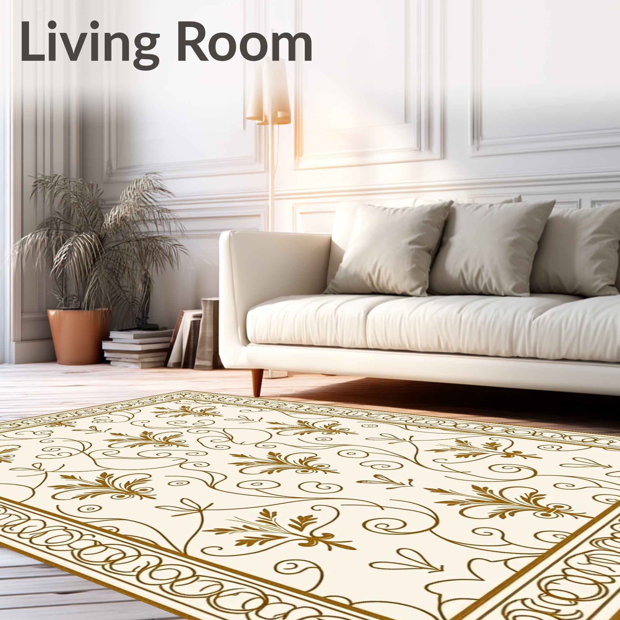Classic Floral Swirls Bordered Cream Rug