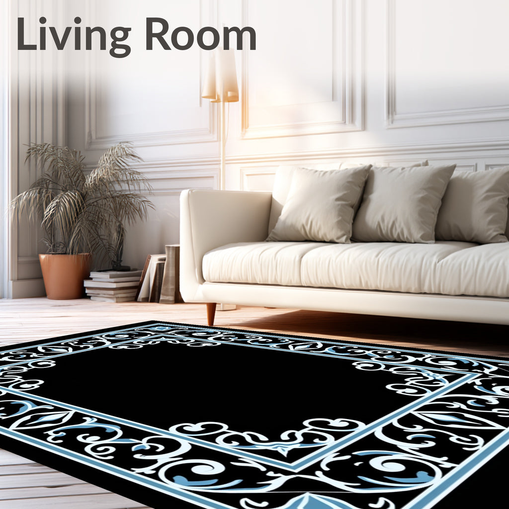 Ornate Blue White Floral Scroll Rug