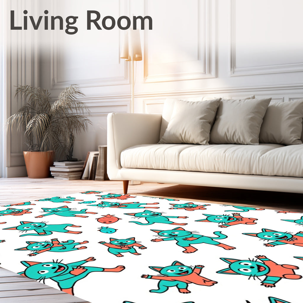Playful Teal Coral Cat Pattern Rug
