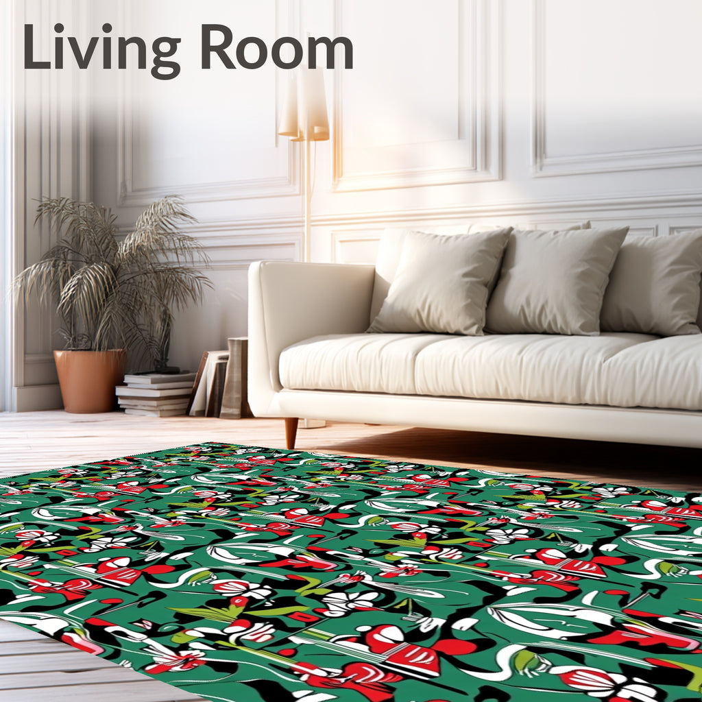 Vibrant Red White Abstract Floral Design Rug
