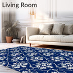 Deep Blue White Snowflake Damask Medallion Rug