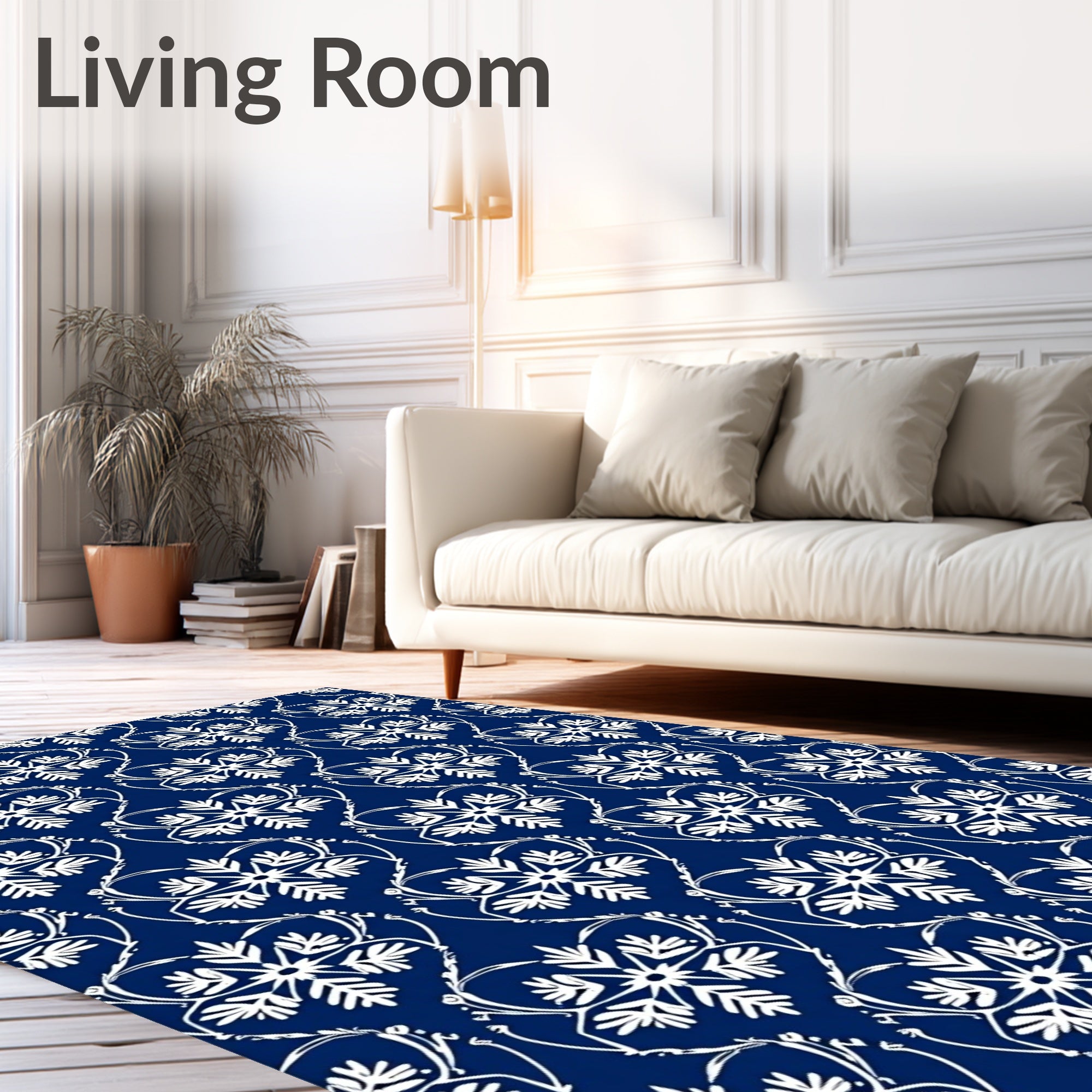 Deep Blue White Snowflake Damask Medallion Rug