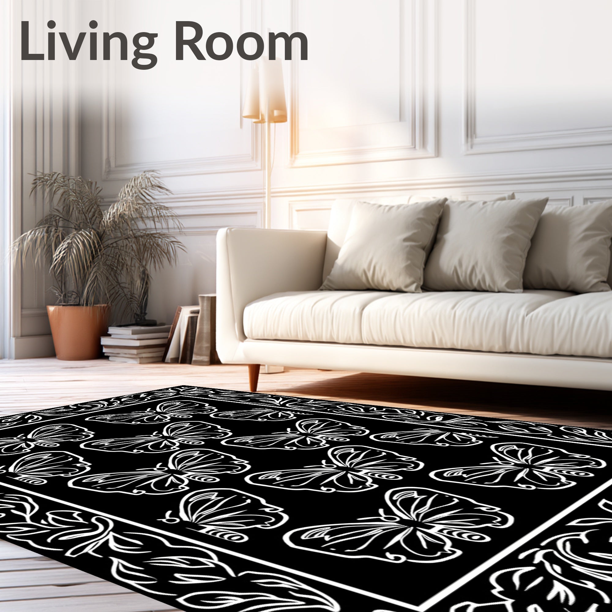 Black White Butterfly Motif Pattern Rug