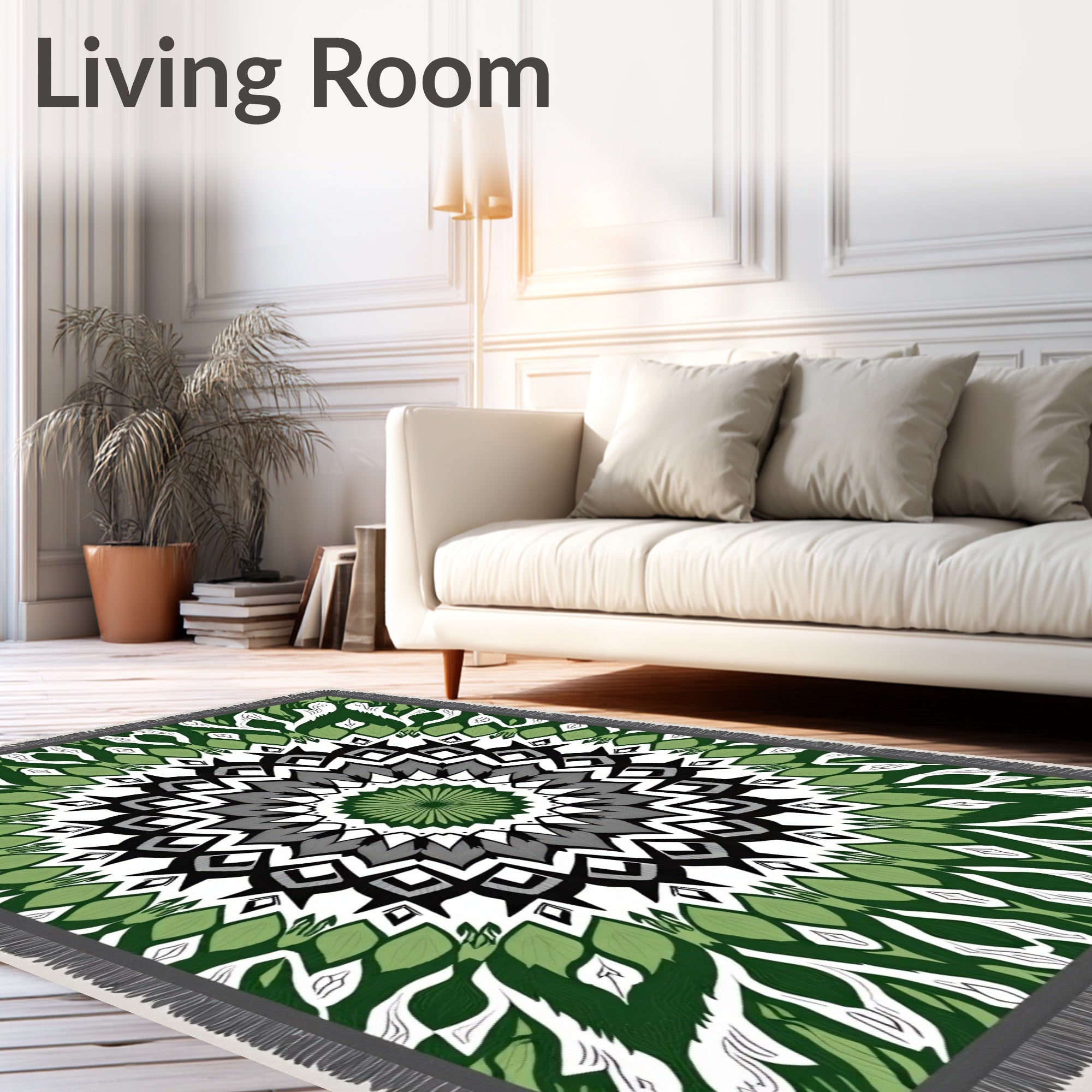Green Grey Black Geometric Medallion Rug