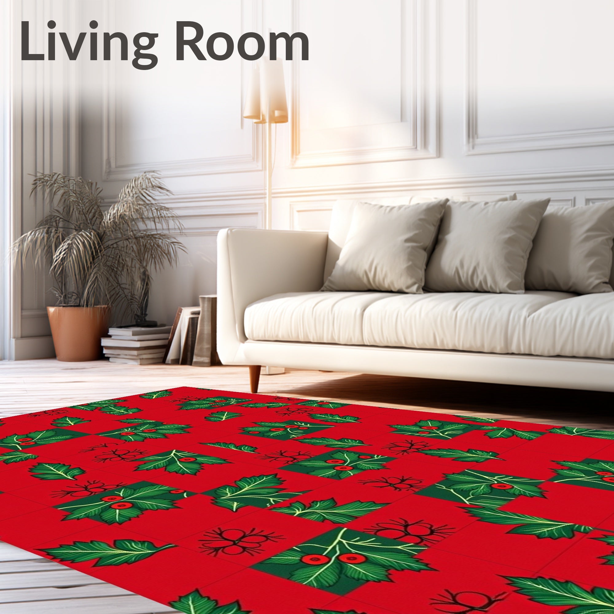 Red Holly Square Festive Pattern Rug
