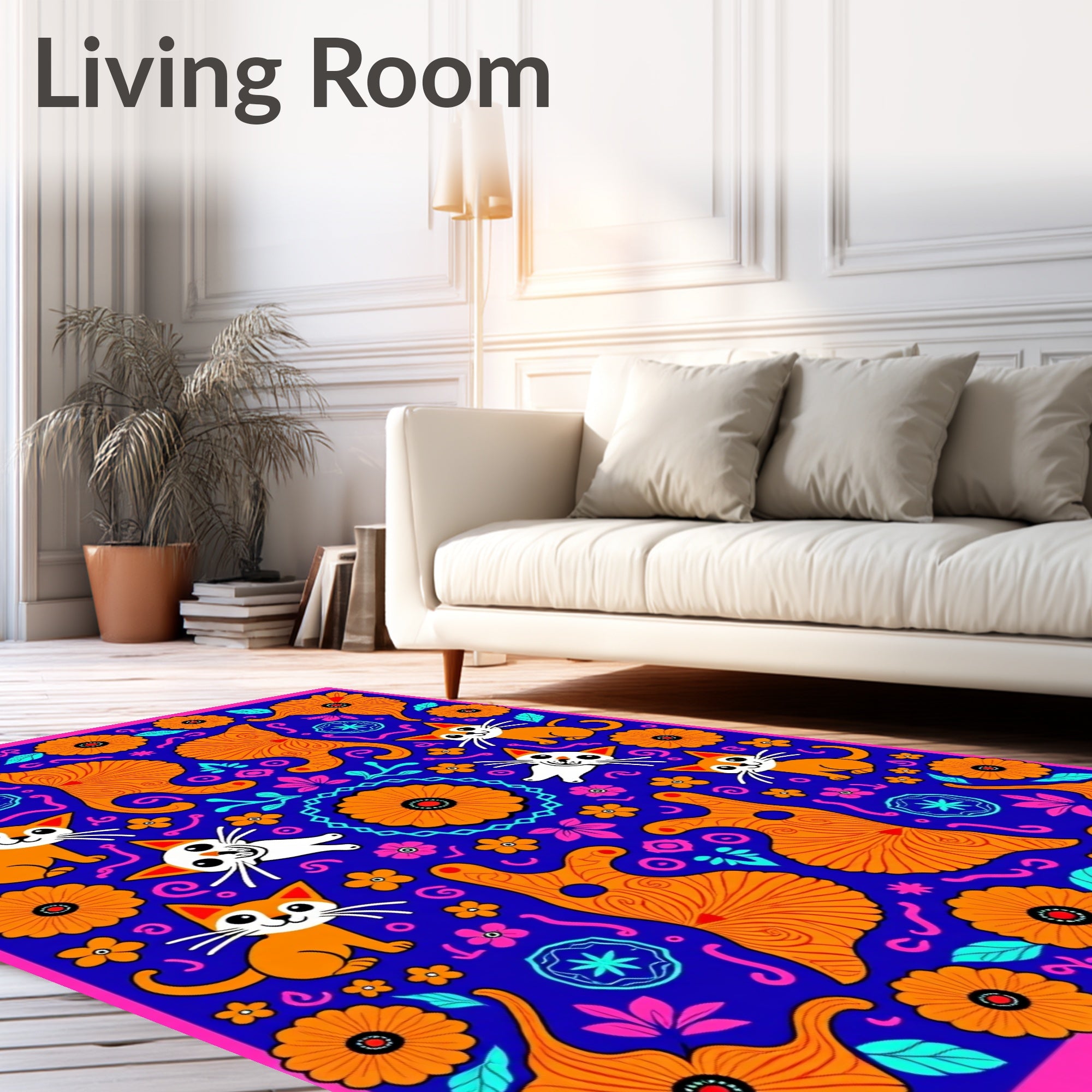 Whimsical Floral Cat Family Design Rug