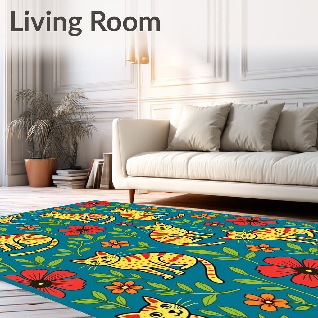 Yellow Cat Floral Pattern Rug