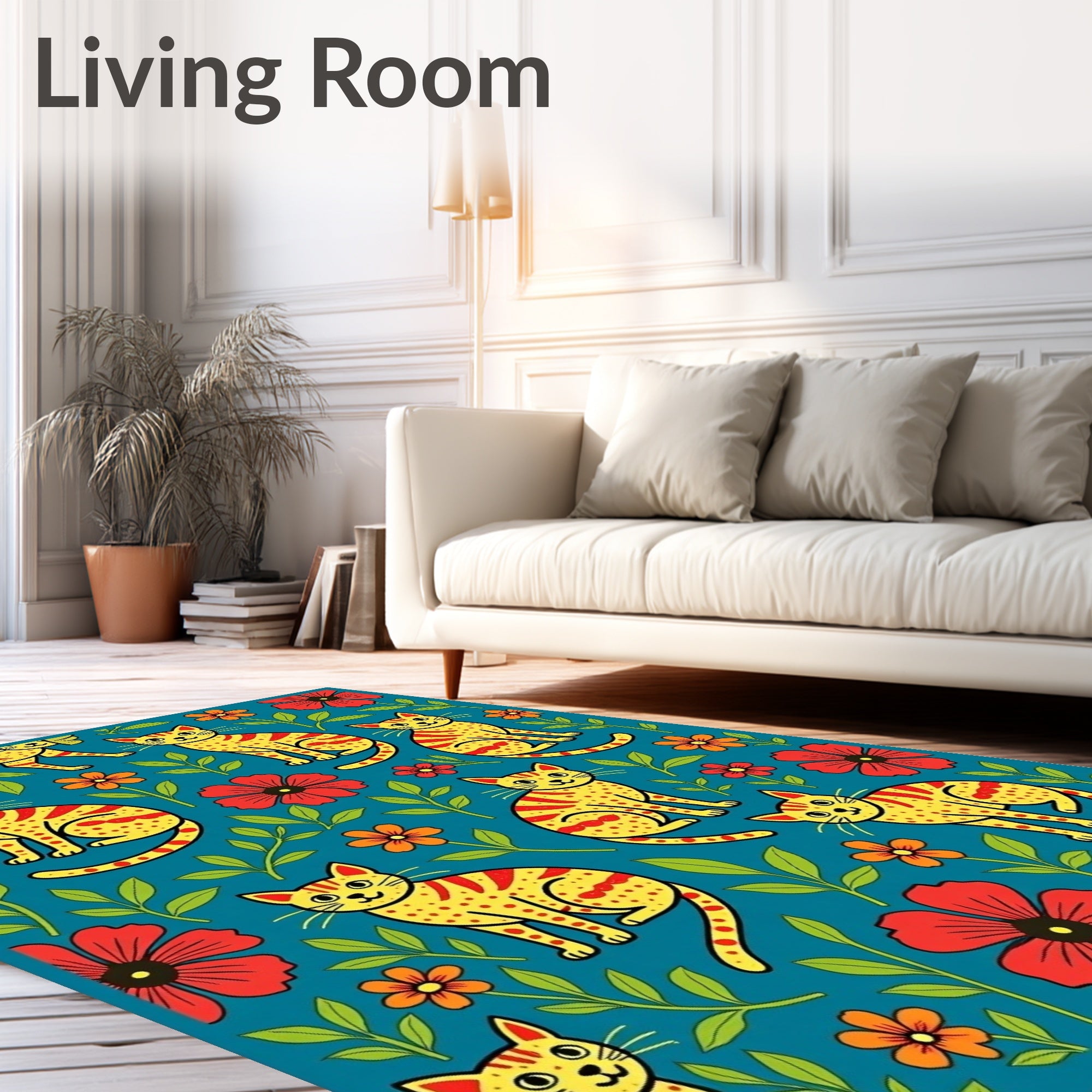 Yellow Cat Floral Pattern Rug
