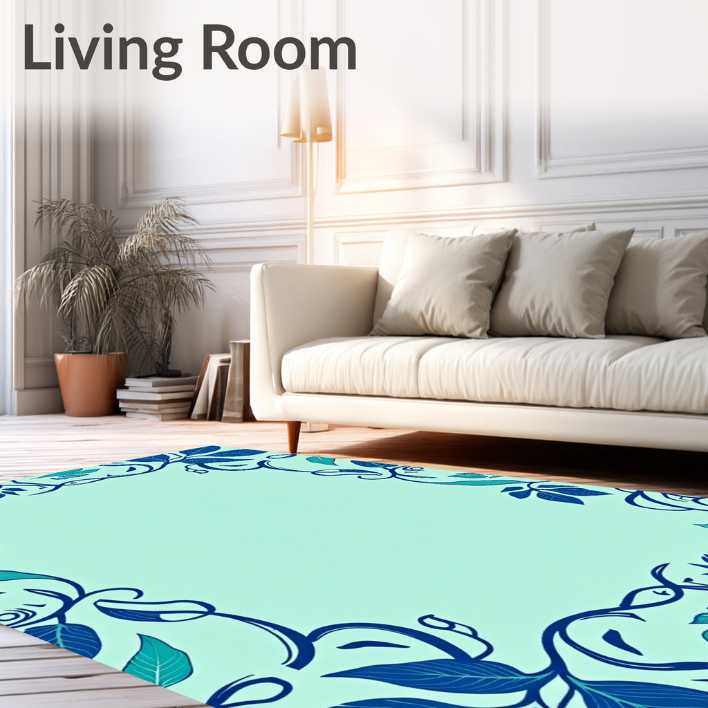 Enchanting Teal Vine Leaf Pattern Rug