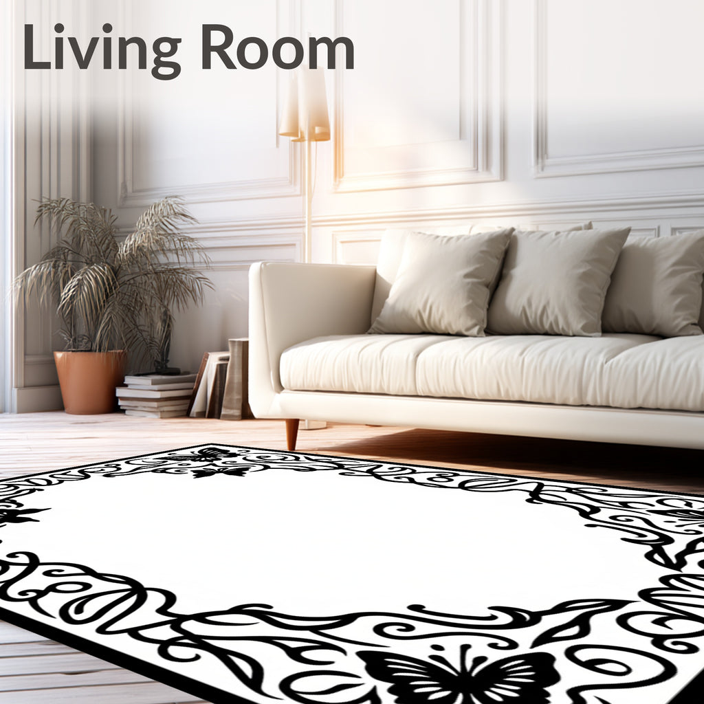 Delicate Botanical Butterfly Scrollwork Rug