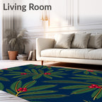 Deep Navy Green Holly Berry Leaves Rug