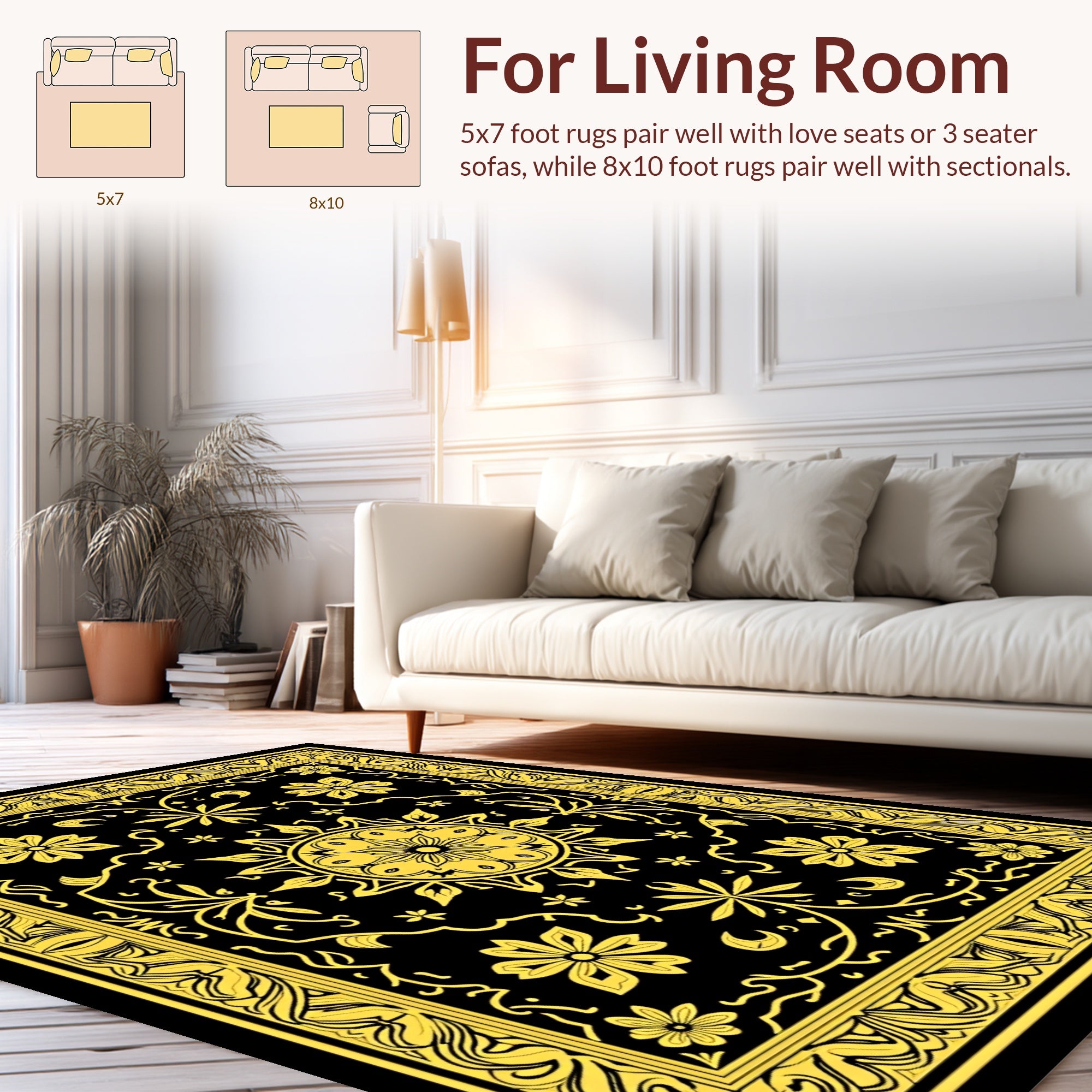 Elegant Black Gold Floral Pattern Rug