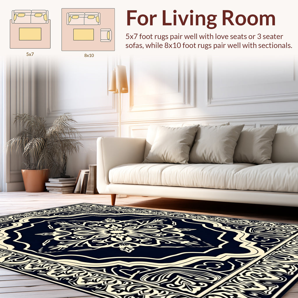 Dark Navy Cream Mandala Design Rug
