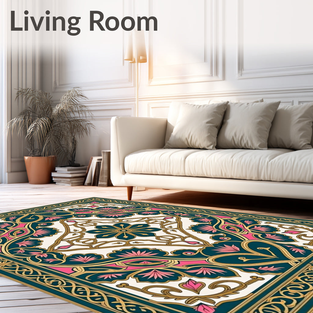 Ornate Teal Pink and Gold Design Rug