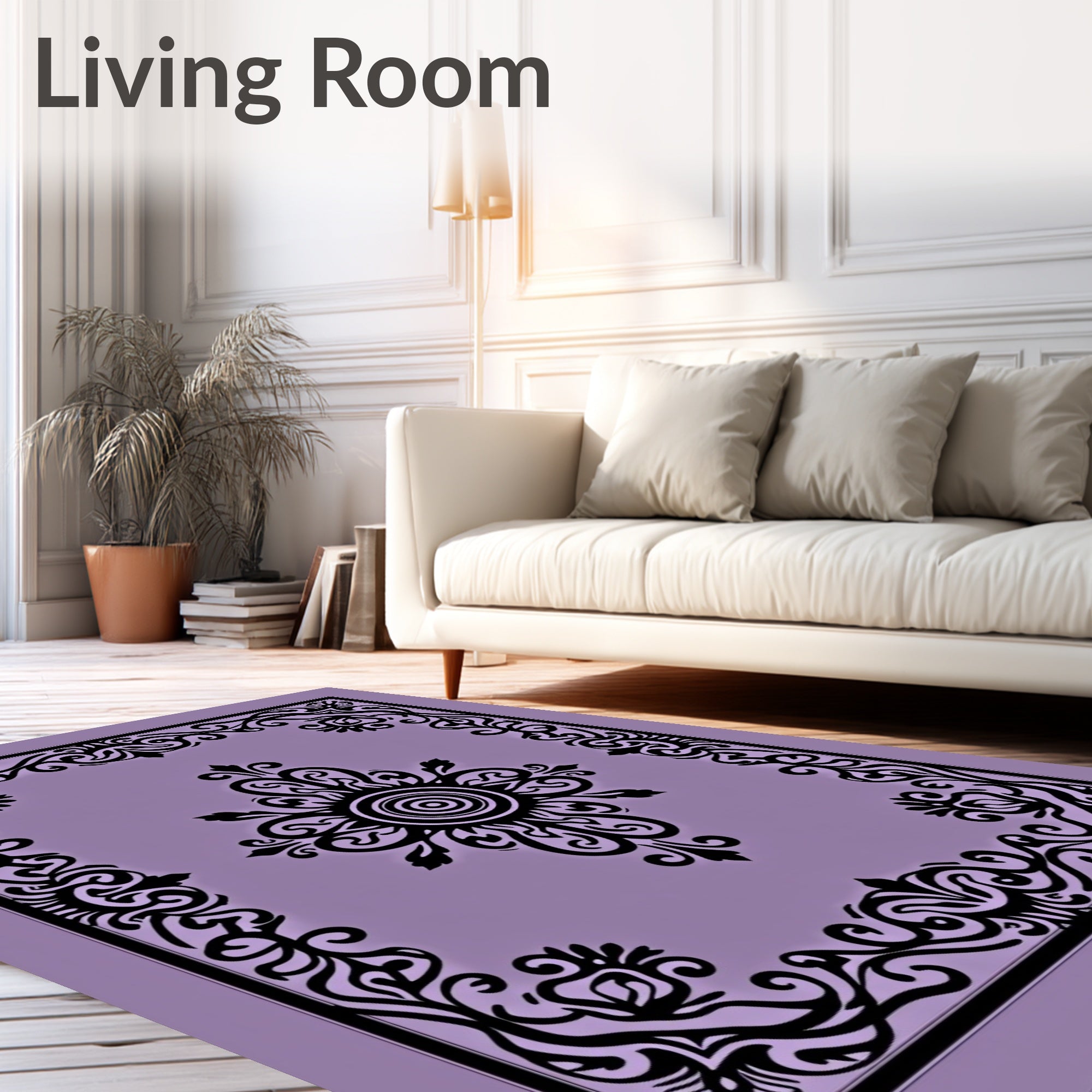 Elegant Black Floral Scrollwork Pattern Rug