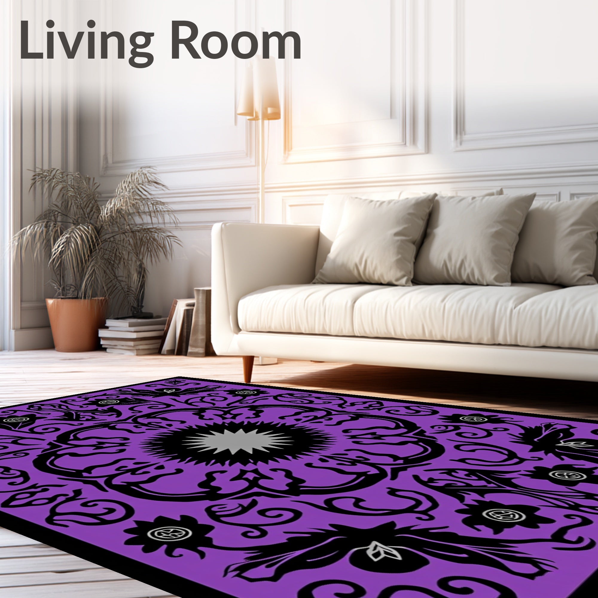 Purple Black Floral Medallion Pattern Rug