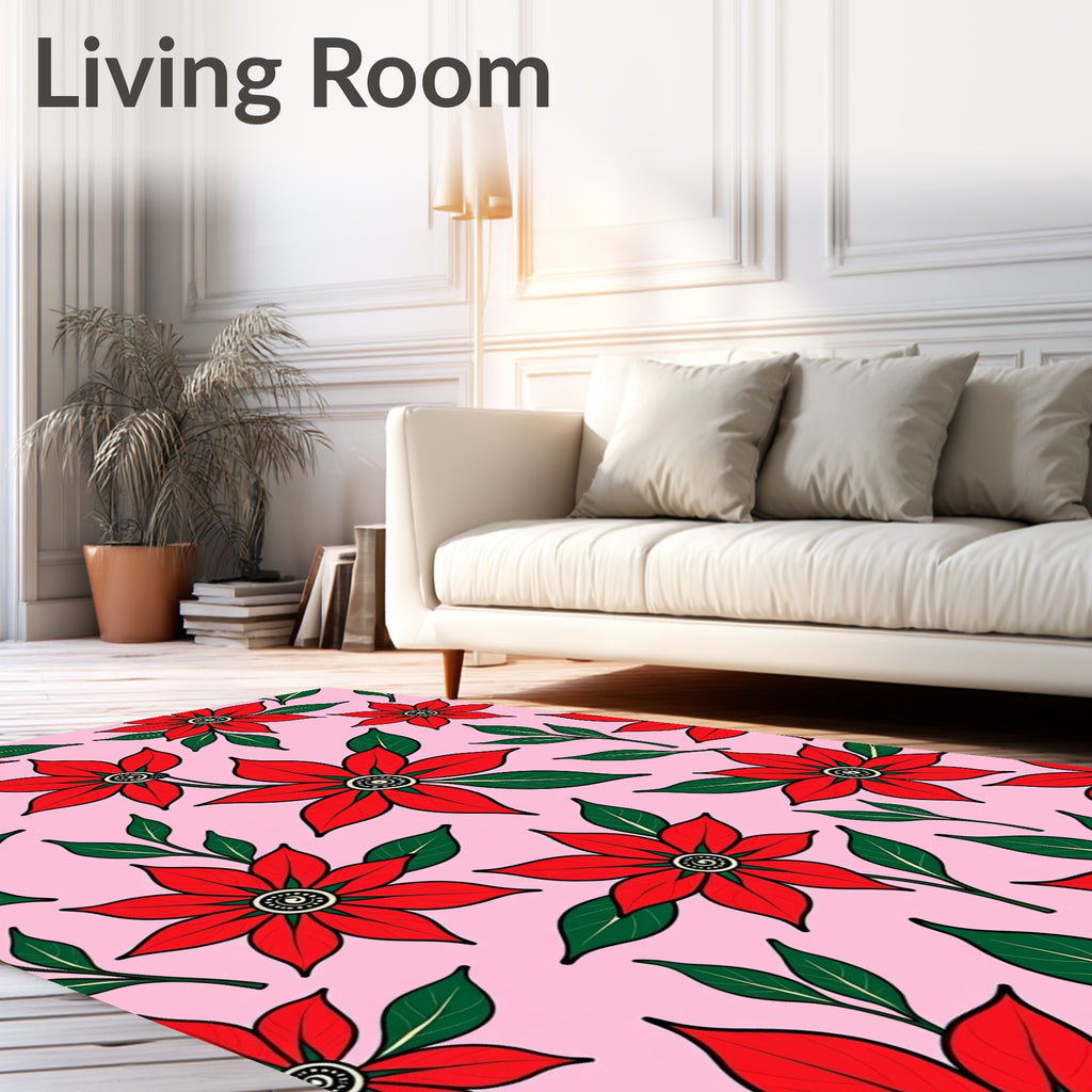 Red Floral Pattern with Green Leaves Rug